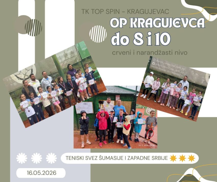 OP Kragujevca do 8 i 10 g. (crveni i narandžasti nivo) – devojčice i dečaci – TK Top spin, Kragujevac – 16.05.2026.